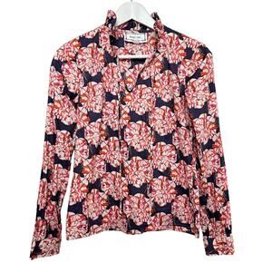 Annelore NYC Floral Blouse Top Cotton Pink Navy Blue High Neck Long Sleeve 2